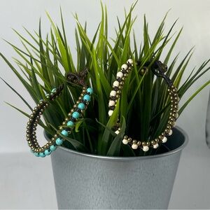 Beaded Bracelet Set with Bells, Turquoise, White & Gold Accents Boho Festival